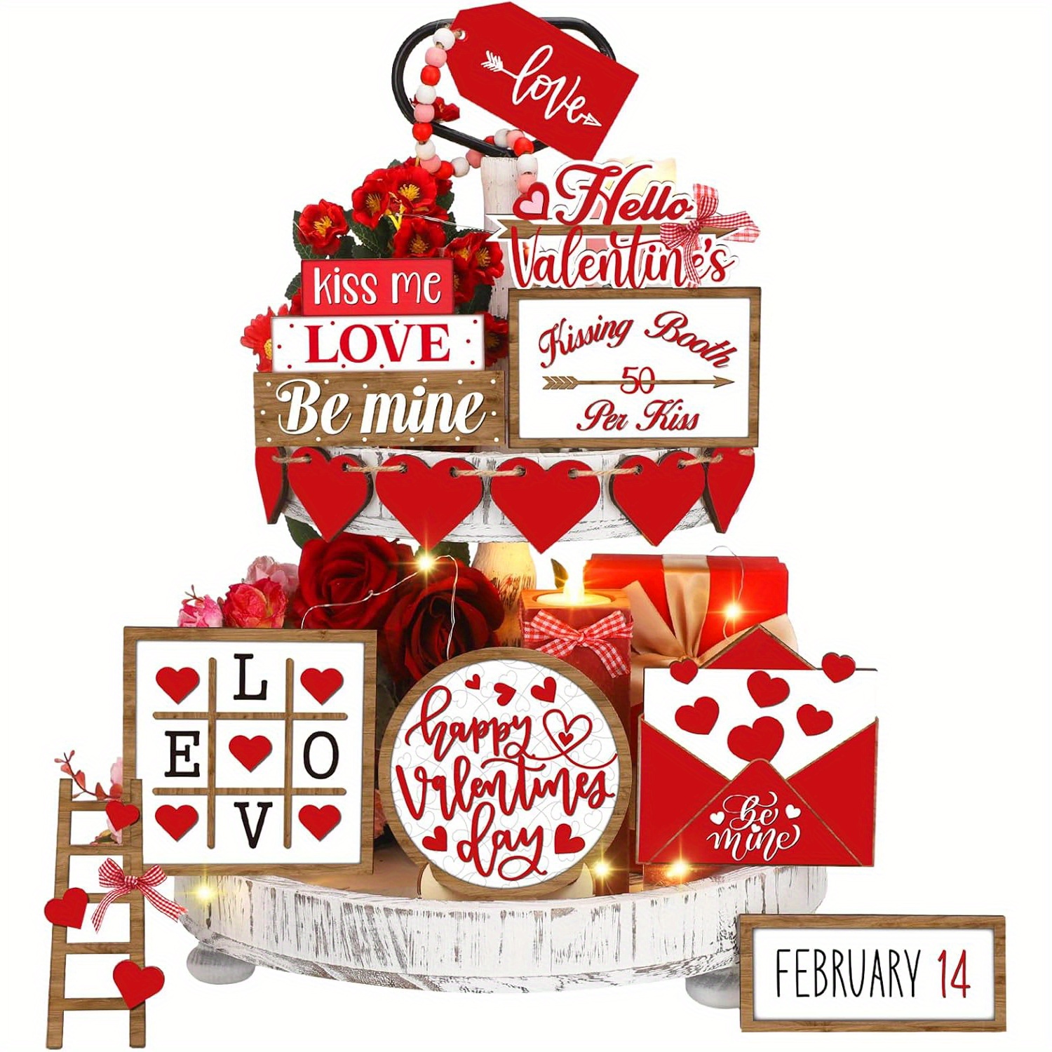 

15pcs Valentine's Day Tiered Tray Decor Set, Heart Table Decor Farmhouse Wooden Heart Table Sign Ornaments For Valentine Home Kitchen Decoration