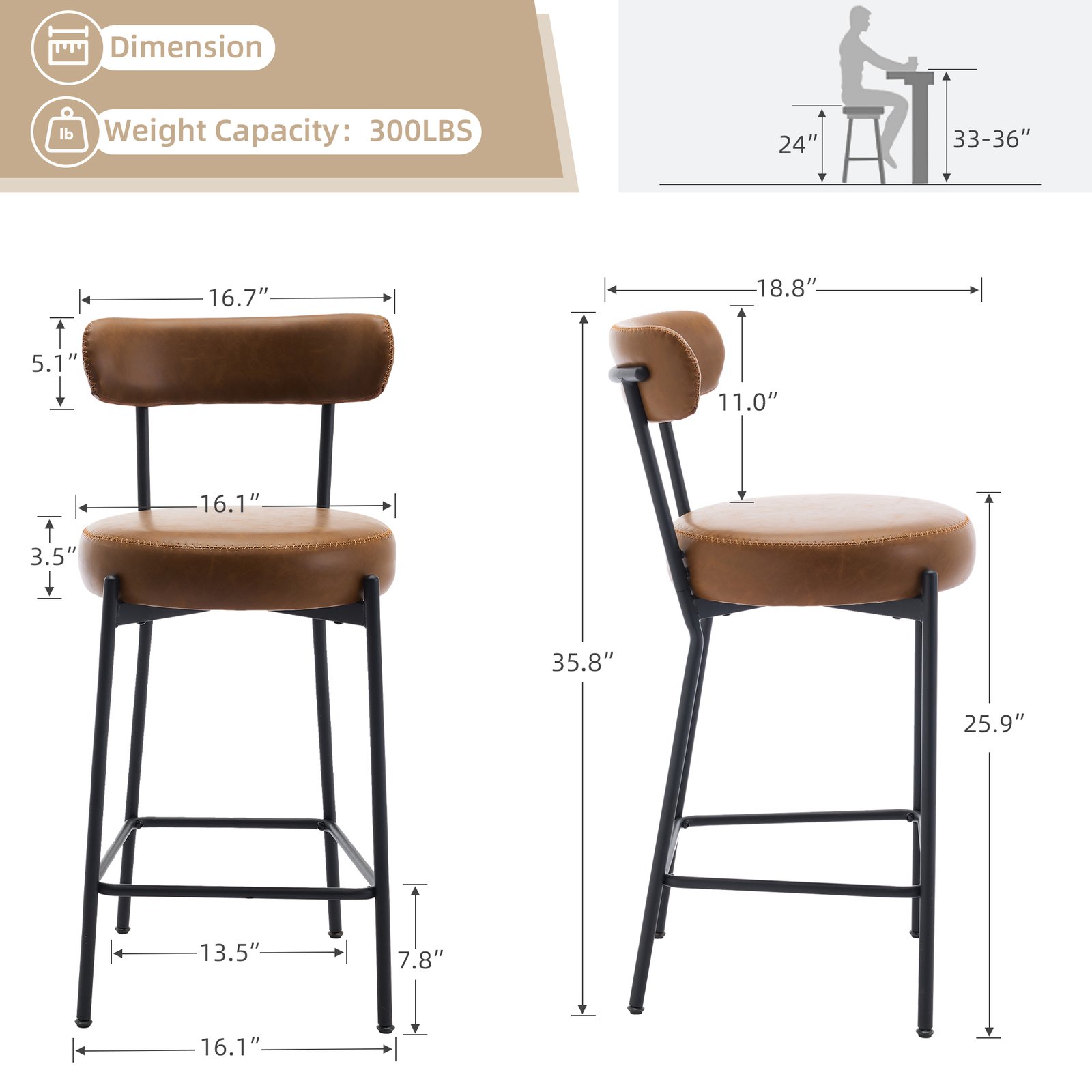 Image of Set Of 2 Modern Upholstered Bar Stools 27 Inch Counter Height Chairs With Backrest Metal Legs And Pedals Comfortable Leather Seats For Kitchen Island Dining Room Or Bar Black And Brown