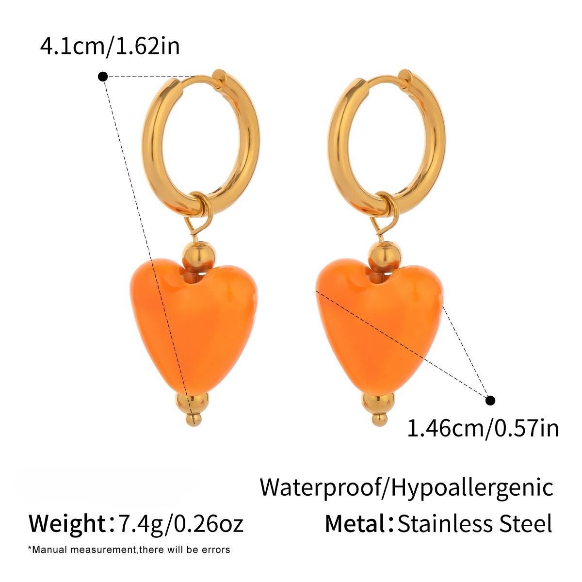 E-shop 2er-Set modische, warmfarbene Harz-Herz-Anhänger-Ohrfeile - 18K vergoldeneter Edelstahl, langlebig und farbecht, geeignet für Damen, elegante