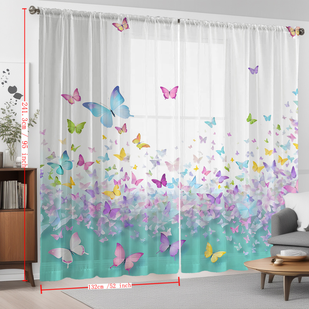 TEMU 2pcs Elegant Print Sheer Curtains, Lake Blue Gradient , Lightweight Polyester, Rod Pocket, Machine Washable, -resistant Drapes For Kitchen,