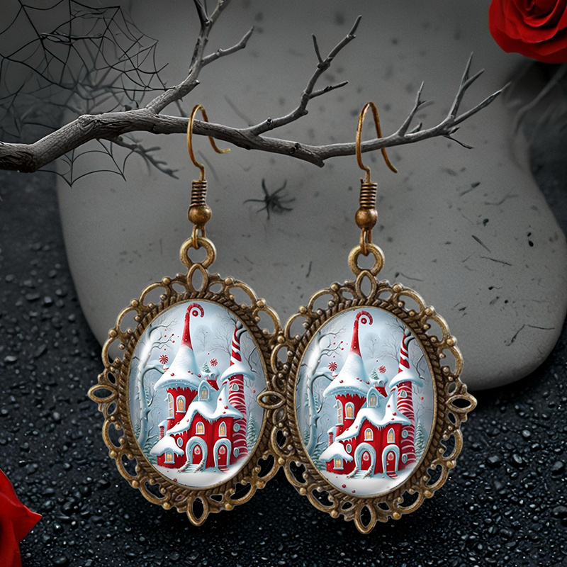 TEMU Images Of A Winter Snow Christmas Featuring Oval Glass Vintage Lace Earrings, Trendy Handmade Additions, And Gifts, Without Battery