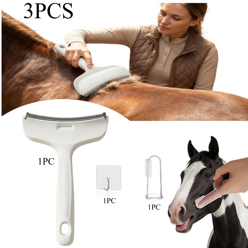 TEMU Ensemble 3 pièces (1 brosse, 1 doigt de protection et 1 crochet) adapté aux chevaux et aux poneys, outil de nettoyage des poils d'hiver robuste