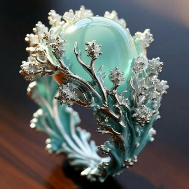 Women's Elegant Blue Glazed Coral Branch Ring with Green Bead