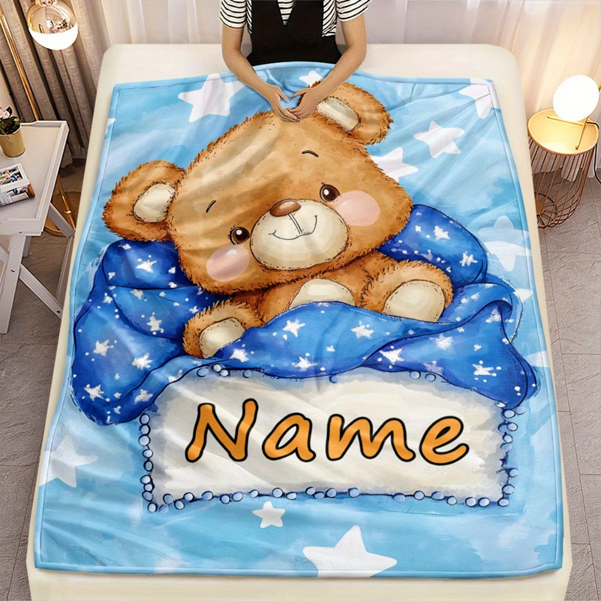 TEMU 1pc Cute Bear Sleeping Custom Name Print Portable Blanket- Lightweight Flannel Throw For Sofa, Travel, Camping, Bed, Livingroom, Office, And Bed