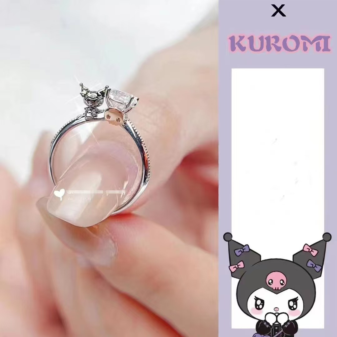 

Sanrio Kuromi Silver Ring With Heart-shaped Gemstone - 925 Silver Plated Zinc Alloy, Cute Cartoon Design - Ideal Gift For Girlfriend