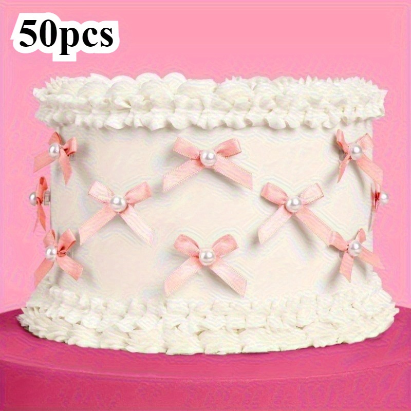 Image of Set Of 50 Pink Cake Embellishments, Ideal For Birthday Cakes, Wedding Cake Bows, Valentine's Day Celebrations, Graduation Events, And Festive Occasions Like Christmas And New Year's