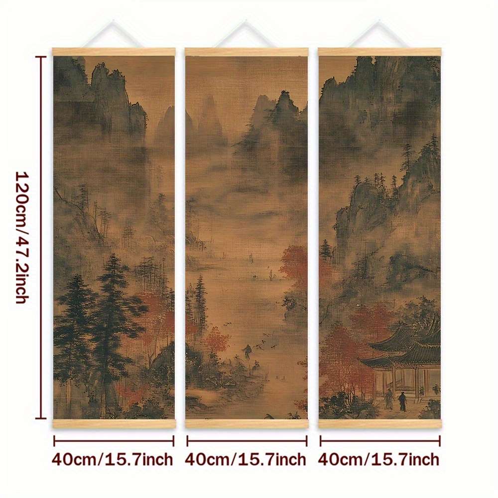 TEMU 3 pezzi di murale in legno alberi e montagne, pittura su rotolo, , figure, paesaggio con , composizione a , decorazione per soggiorno o , stile