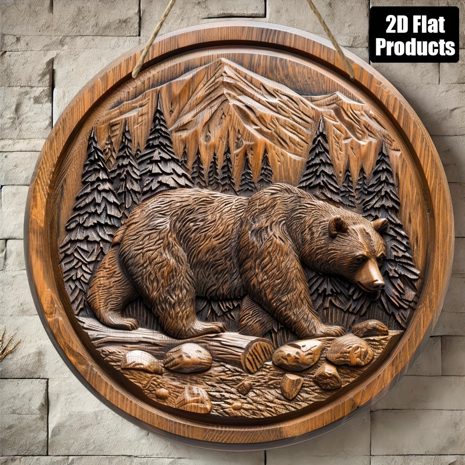 TEMU 2d Flat, 2d Flat Surface, 1pc, Round Wooden Bear Wall Hanging Sign - Rustic Bear In Decorative Wall Hanging, For Home, Office, Kitchen, Bar,