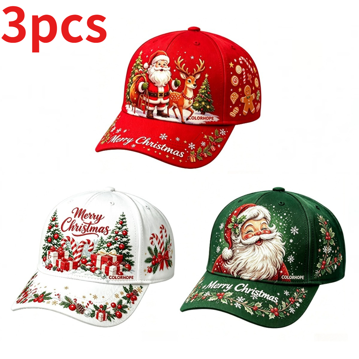 TEMU 3pcs Christmas Fashion Baseball Caps With Christmas Print , Including Red, White, And Green Hats, Suitable For Christmas Celebrations And Daily