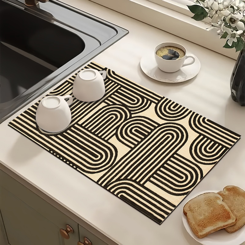 TEMU 1pc Fashionable Geometric Line Pattern Absorbent Kitchen Mat, Coffee Maker Absorbent Pad And Sink Or Countertop Protector Mat, Modern Black And