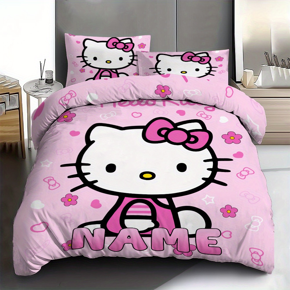 

Ensemble de Literie 3pcs Hello Kitty Personnalisé - Personnalisez avec Votre Nom, Housse de Couette & Taies d'Oreiller en Polyester , Imprimé Multicolore, pour Toutes les - Idéal pour &