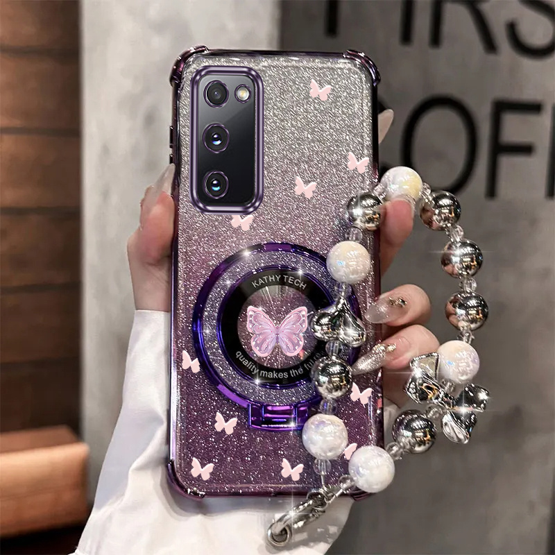 TEMU Phone Case - Luxury Pearl Wrist Strap Magnetic Glitter Phone Holder Case For Galaxy S20 Fe Galaxy S20 Fe Anti-knock Shockproof Stand Back Cover