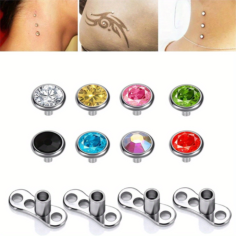 TEMU 8pcs Surgical Steel Dermal Piercing Jewelry Tops 4pcs Base For Women Men Cubic Micro Dermal Anchor Tops Base Dermal Piercing