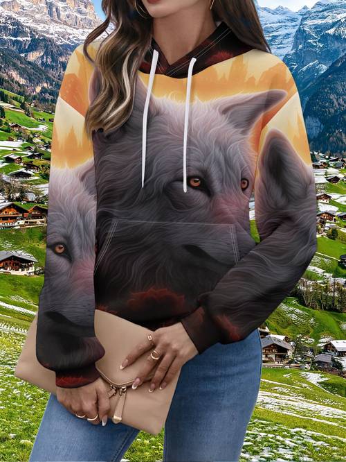 1pc womens casual hooded sweatshirt with wolf head sunset and castle all long sleeve design cute streetwear top for parties street friend suitable for