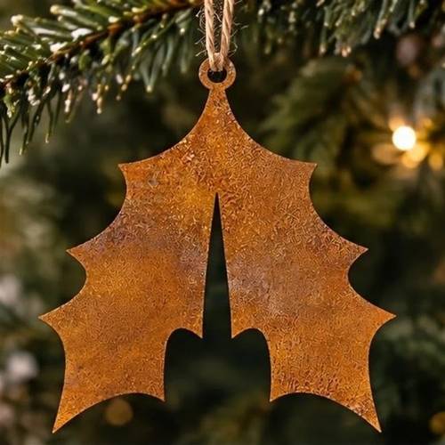 1pc rusty holly rusted metal christmas ornament laser cut rusty iron hanging xmas tree decoration with industrial holiday decor for indoor outdoor home wall