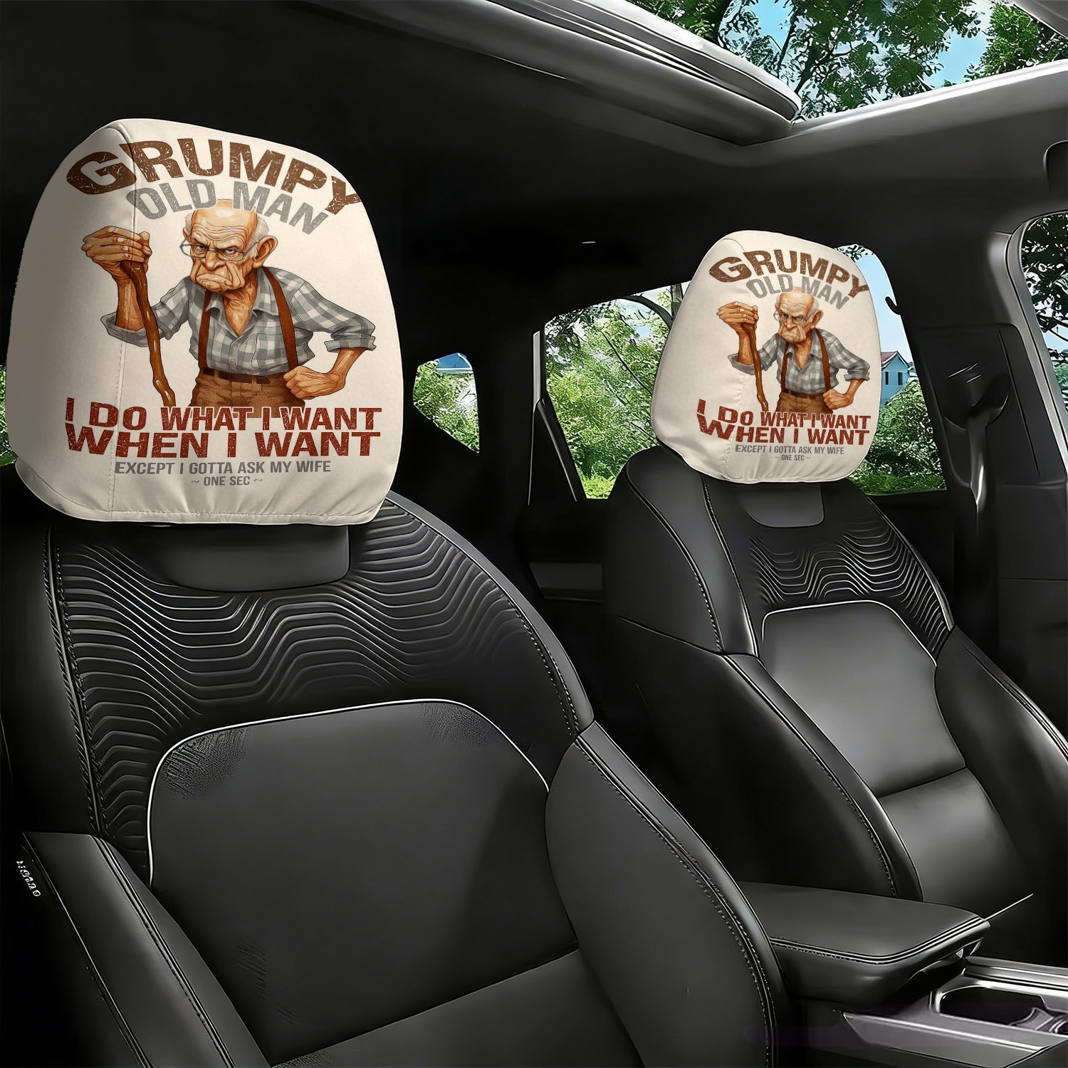 TEMU 2pcs Cartoon Style Old For Man Car Headrest Covers, Printed Pattern, Car Interior Decoration, Universal Fit, Easy To Clean, Soft, Comfortable,