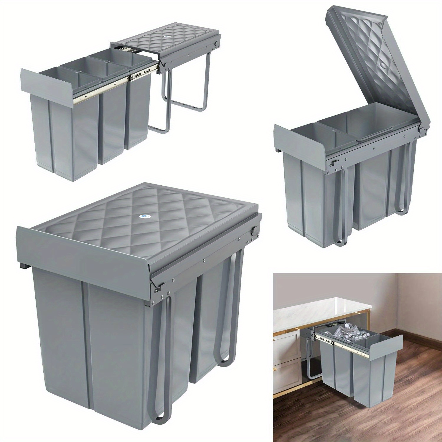 

2 Compartments Built-in Kitchen Pull - Out Waste Bin In Floor Standing Cabinet, With Waste Sorting System & Extendable Telescopic Rails