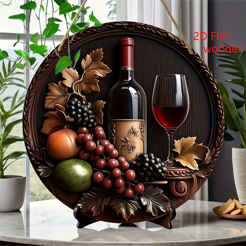 TEMU 2d Flat, 2d High-definition Flat Print, 1pc Of Round Wooden Wine-themed Sign, High-quality Home Wall Decoration With Fruit And Grape Patterns,