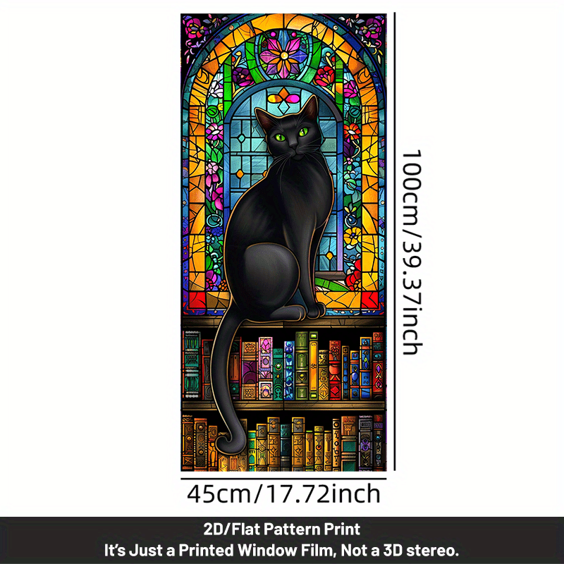 TEMU 1pc Art Black Cat Stained Glass Window Film - 2d Flat Pvc Static Cling Window Sticker, Colorful Floral & For Home Decor, Privacy Protection,