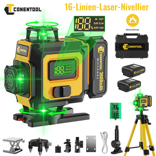 objektbild professional 4d 16-linjers självnivellerande stativ & kraftig förlängningsstång - 3° automatisk nivellering, 2400/3600mah (batteri valfritt), 360° roterbar bas, kompakt & portabel för