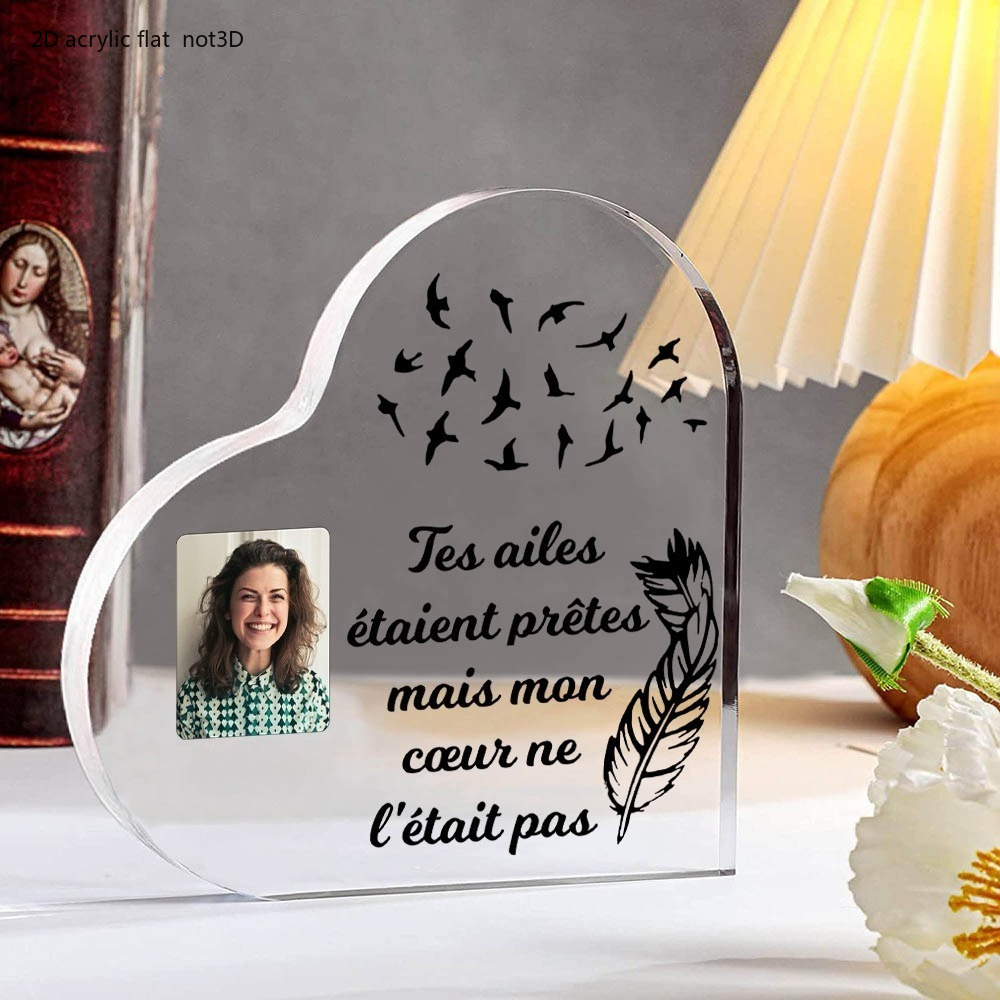 TEMU Plaque Commémorative Personnalisée de Cœur 2D - Photo et Hommage en Français (avec Anglaise) - Souvenir Acrylique aux Intempéries - Cadeau