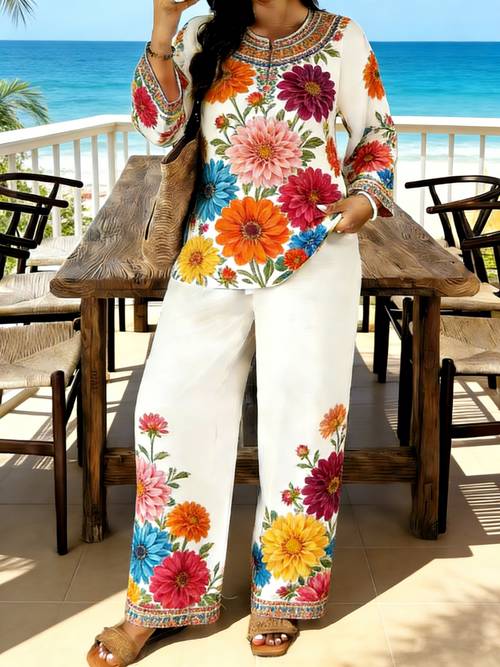 item picture womens stylish long sleeve and long pants 2pcs set spring summer neck long sleeve shirt with printed elastic waistband pants 2pcs set machine washable elegant and comfortable suitable for commuting and d