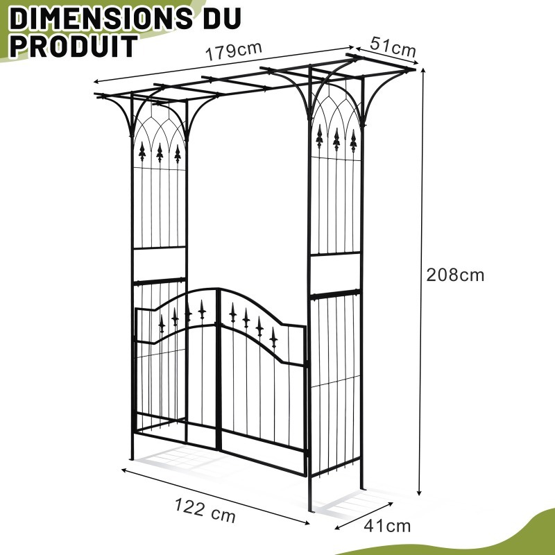 Image of 6.8ft Black Metal Garden Arch With Gate - Flat Top Iron Trellis For Climbing Plants, Weddings & Outdoor Decor
