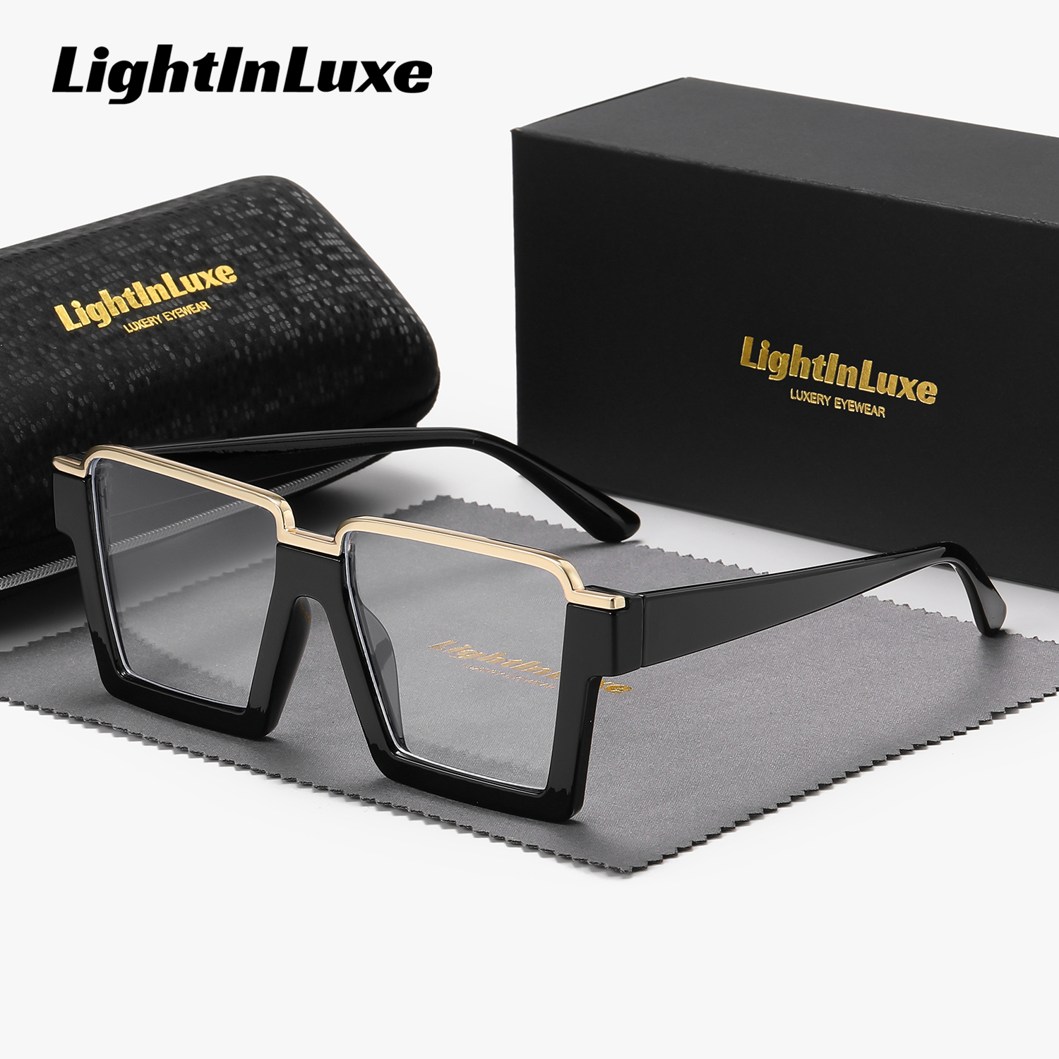 

Unisex Casual Square Glasses, Semi-rimless With Ac Anti-blue Light Clear Lenses, Outdoor Leisure Eyewear With Case