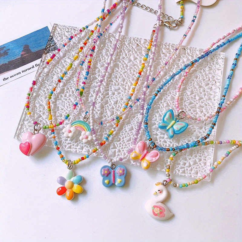 TEMU 7pcs Color Beaded Necklace Like Cartoon Cute Ren Heart Clavicle Chain Dopamine Jewelry