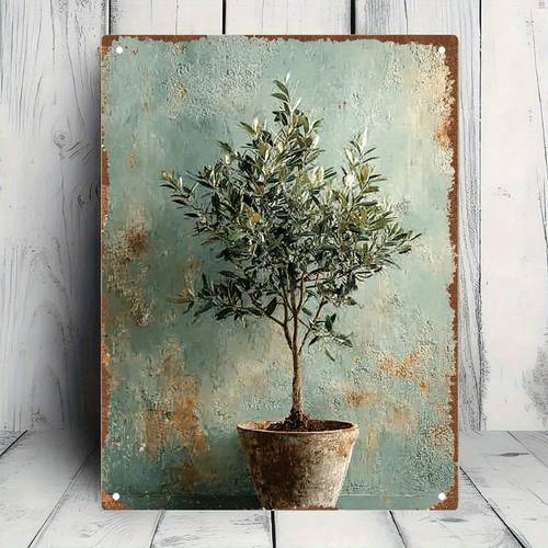 1 potted olive tree in front of an aged textured wall decor for bar for cafe and garage gift for bedroom decor tin sign metal wall art decor