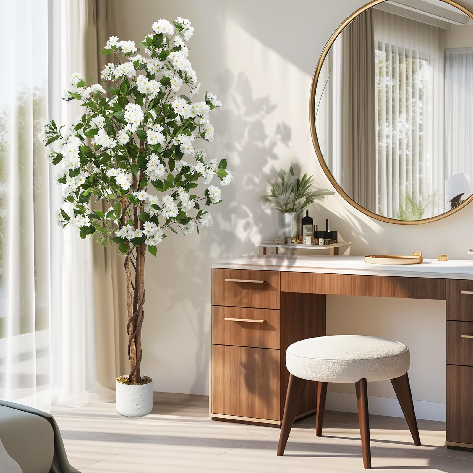 Image of Artificial Osmanthus Tree Tall Potted Fake Osmanthus Tree Faux Plant In Planter With Lifelike Flowers And Natural Wood Trunk