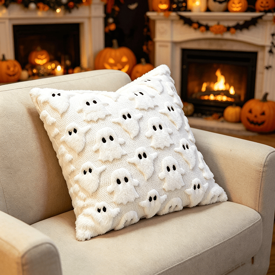 TEMU 1pc Embroidered Cute Little Ghost Decorative Pillowcase, Sofa Bedroom Plush Cushion Cover, Aesthetic Room Decor, Best Gift For Family And
