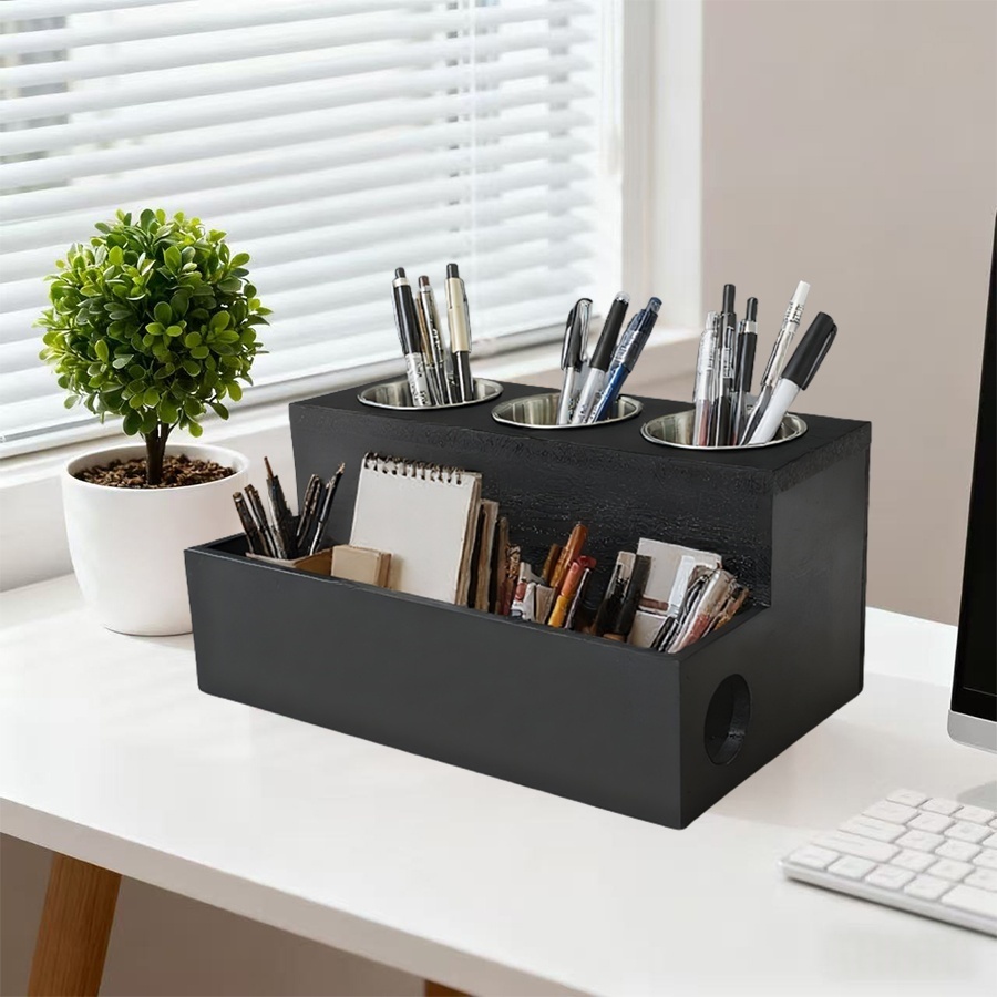 a wooden storage box with 3 stainless steel containers a dual purpose desktop and wall mounted multifunctional organizer suitable for office bathroom makeup hair tools hair dryers and   storage desk drawer organizer for home Product details 0