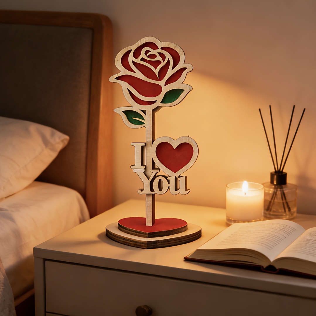 TEMU Ornement sur pied de cœur avec rose artificielle et lettres LOVE, plat 2D, assemblé 3D - Convient pour cadeaux de la Saint-Valentin,