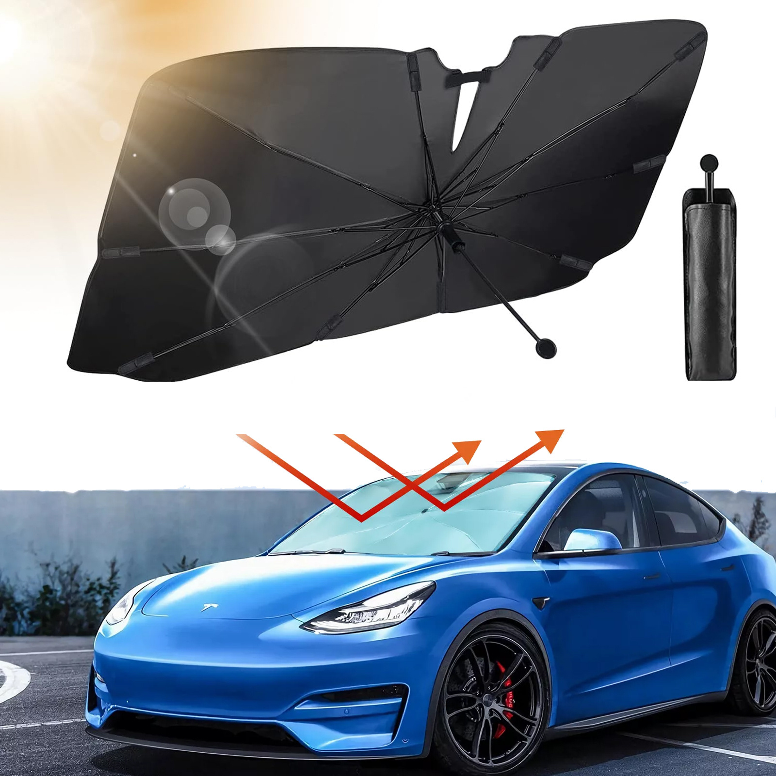 1pc Car Windscreen, Upgrade 360° Rotatable Foldable Car Parasol Carbon Fibre Skeleton, , For Most Cars Suvs