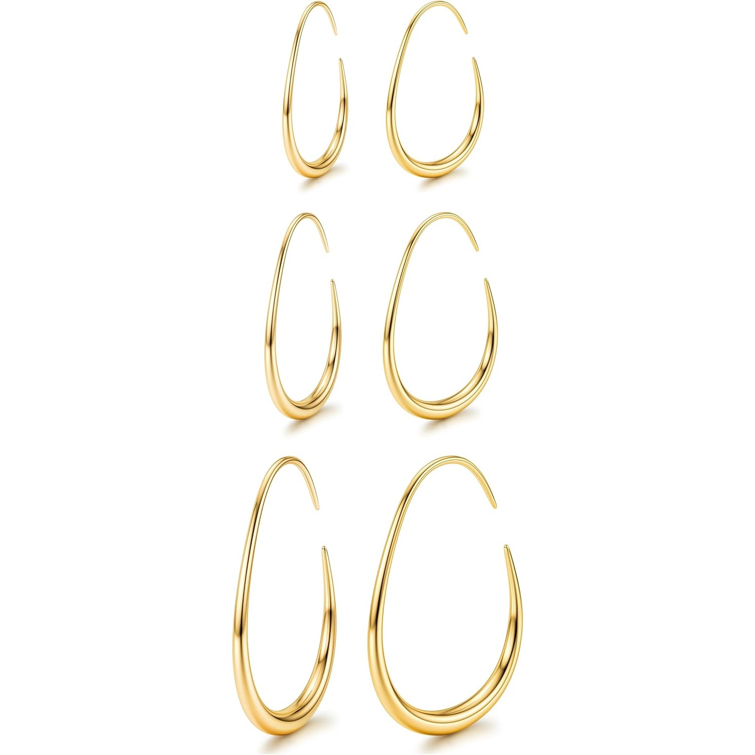 Image of 3 Pairs Teardrop Hoop Earrings For Women Trendy 14k Golden Plated Oval Hoop Earring Set Hypoallergenic Stainless Steel Earrings Lightweight Large Statement Earring Women's Jewelry
