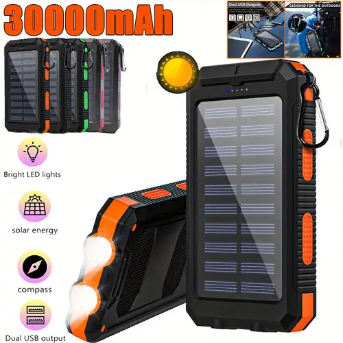 1pc 30000mah large capacity portable charger solar power bank dual 5v usb ports output with led flashlight compass for mobile phones mobile devices travel and camping external backup battery pack for festival