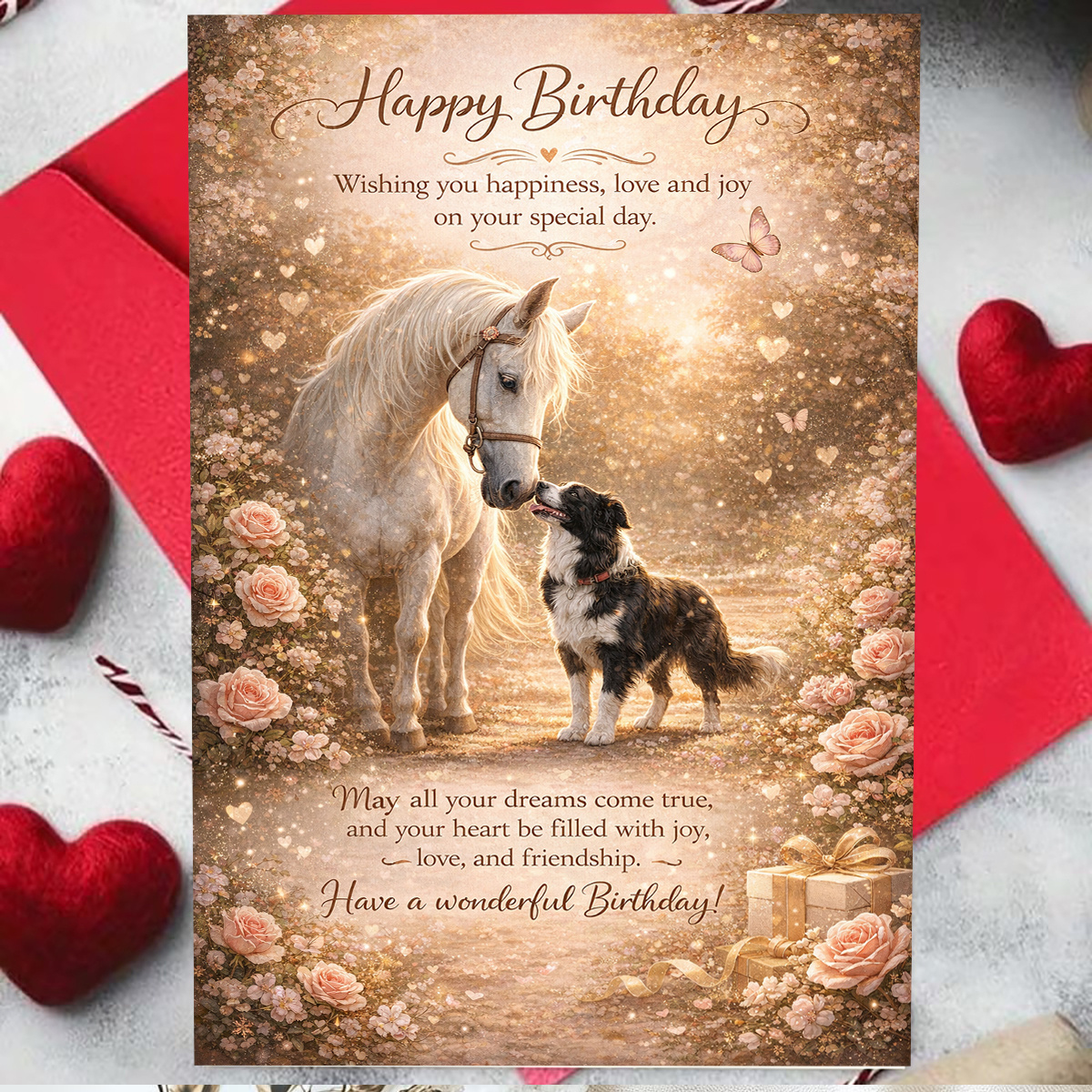 TEMU Birthday Greeting Card, Featuring A White Horse And Amidst Roses And Butterflies, Conveying 'warm Friendship , Perfect For . A Vintage Style