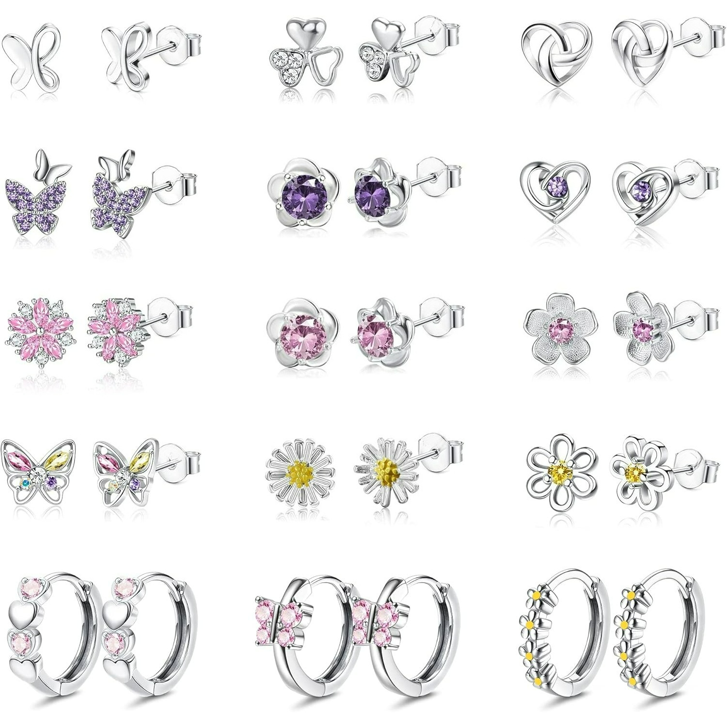 Image of 15 Pairs Earrings For Women 925 Silver Post Earrings Stud Hoop Earrings Set Cubic Zirconia Earring Set Sunflower Studs Birthday Gifts