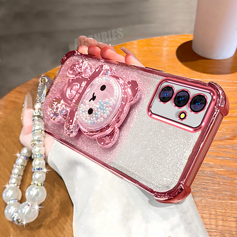 TEMU Phone Case: Pearl Glitter Lanyard Chain Wrist Strap Cute Plating Quicksand Bead Bear Bracket Folding Stand Holder Luxury Gradient Shockproof