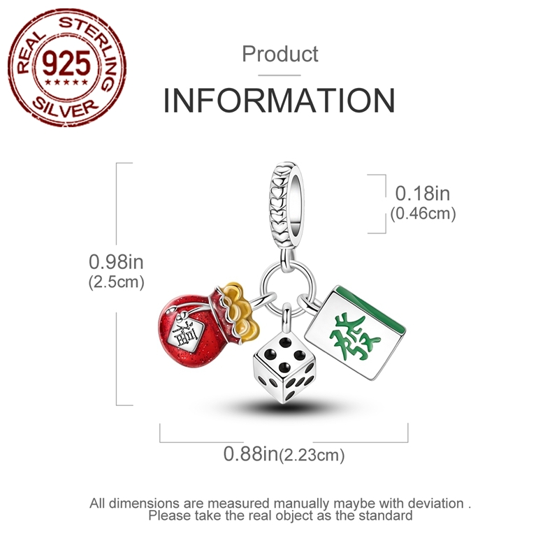 S925 Sterling Silver Mahjong Dice Pendant Beaded Charm