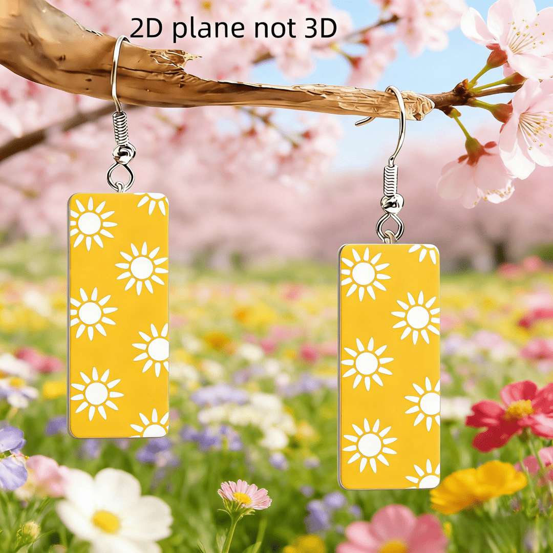 Bohemian Summer Beach Yellow Sun Rectangular Earrings, Cute Gift