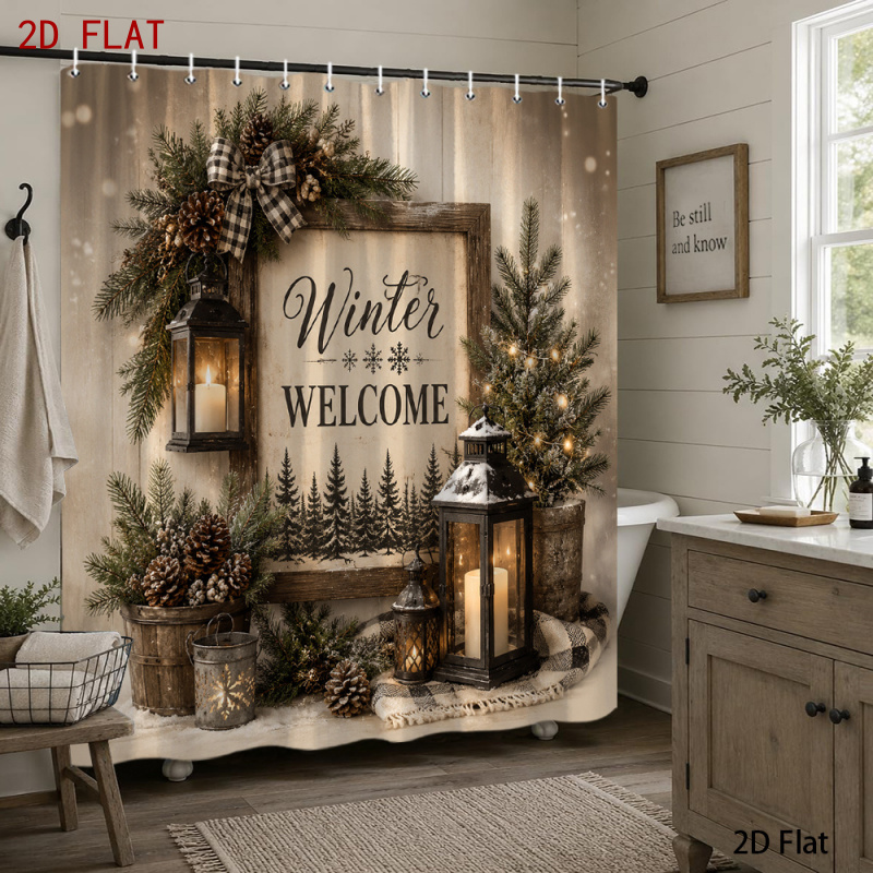 TEMU 2d Flat, 2d Flat, 1pc 2d Curtain, Christmas Shower Curtain, Featuring Rustic Pine Trees, Snowflakes, And Lanterns - Farmhouse Style Bathroom