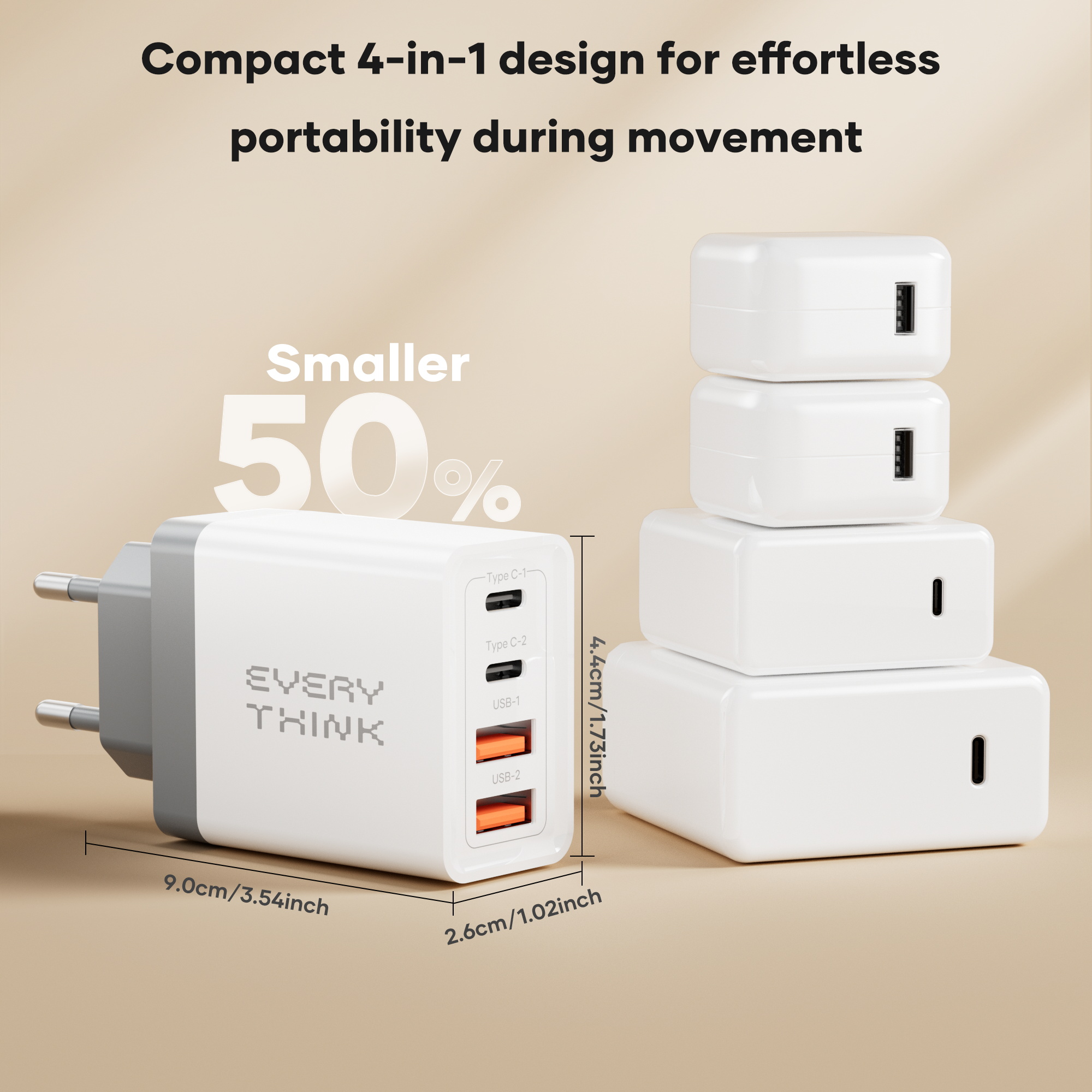 4-Port USB A+C Wall Charger Block: 10W Fast Charging Adapter with 2 USB-C & 2 USB-A Ports, Compatible with iPhone 16/15,, iPad