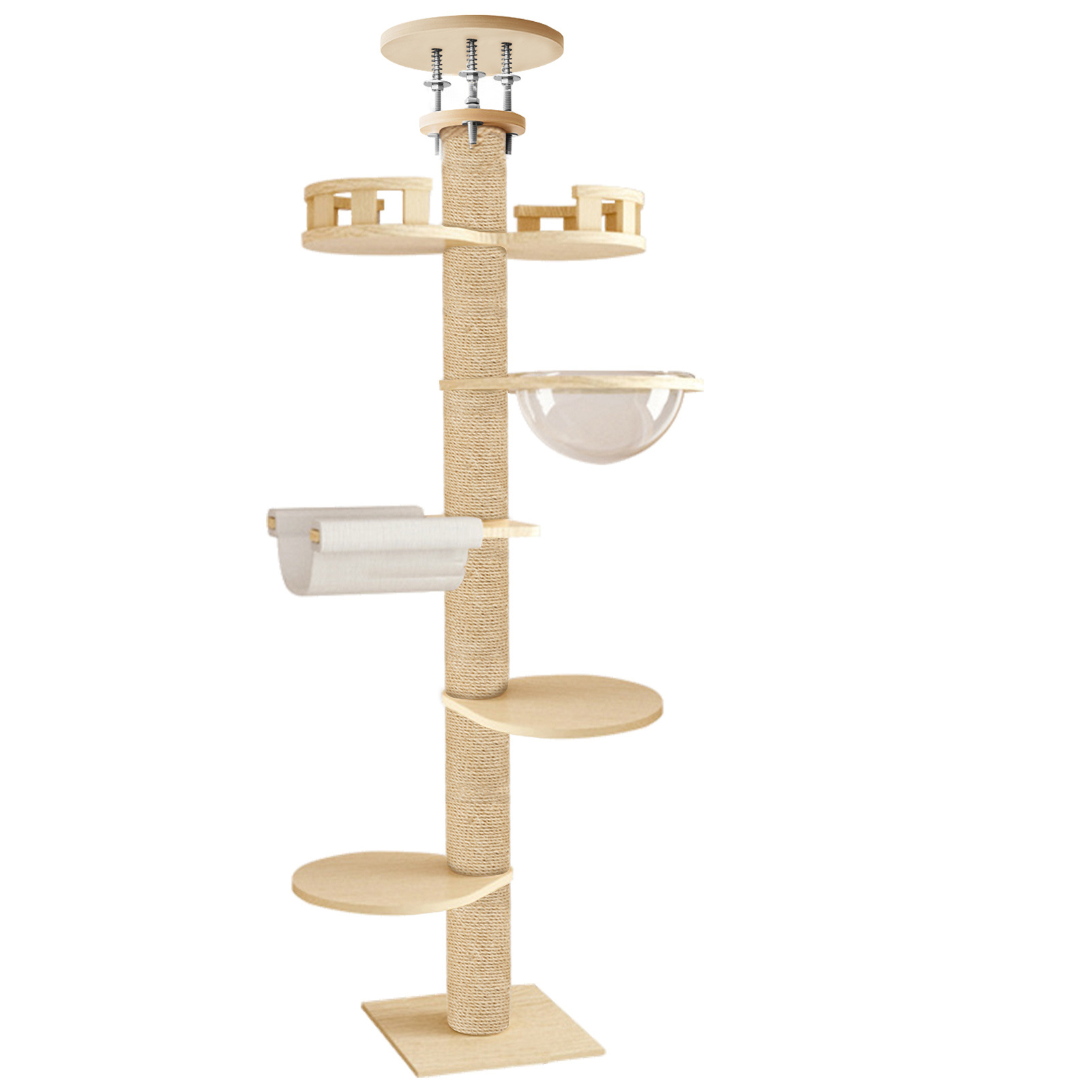 Adjustable Height Floor-to-ceiling Cat Tree With 6 Burlap Scratching Posts - Durable Wooden Tower For Indoor & Outdoor Play