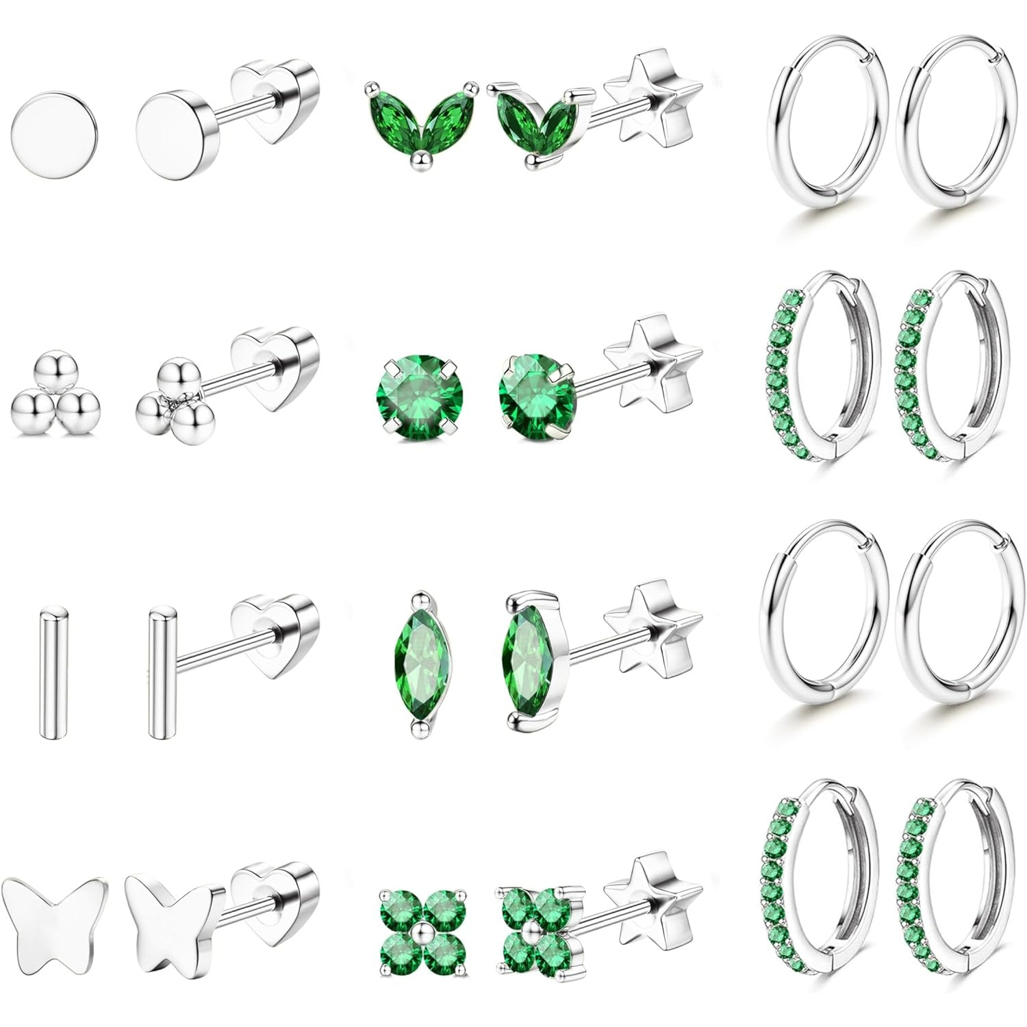 Image of 2d Flat, 8pairs Stud Hoop Earrings For Women Stainless Steel Flat Back Cartilage Earrings Small Huggie Hoop Earring Stack Set For Multiple Piercing Jewelry