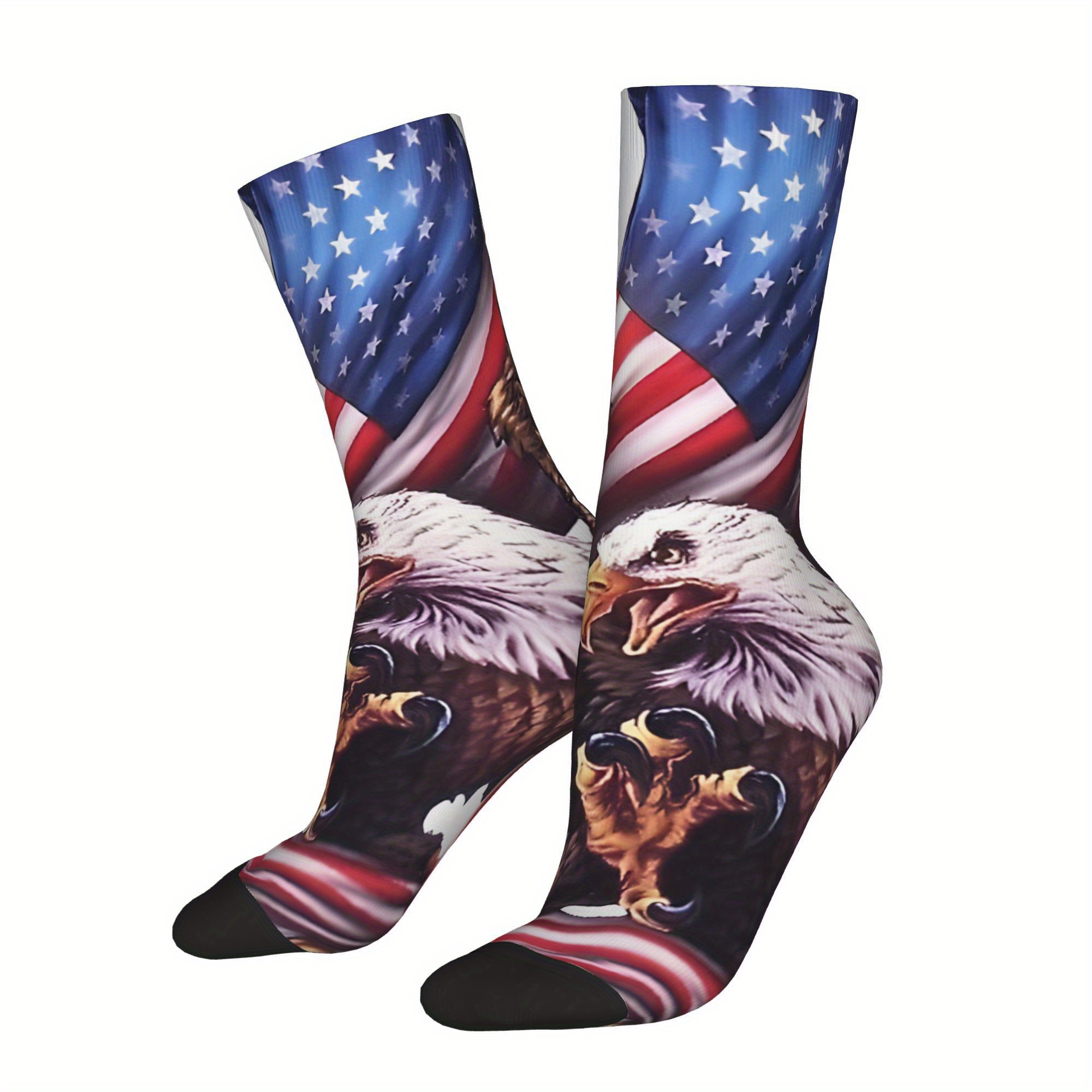 

1 Pair Men's Patriotic Socks With Usa Flag And Eagle Print - Polyester Knit Fabric Crew Socks, 95% Polyester 5% Elastane, Hand Wash Or - Novelty Hip Hop Socks With Random