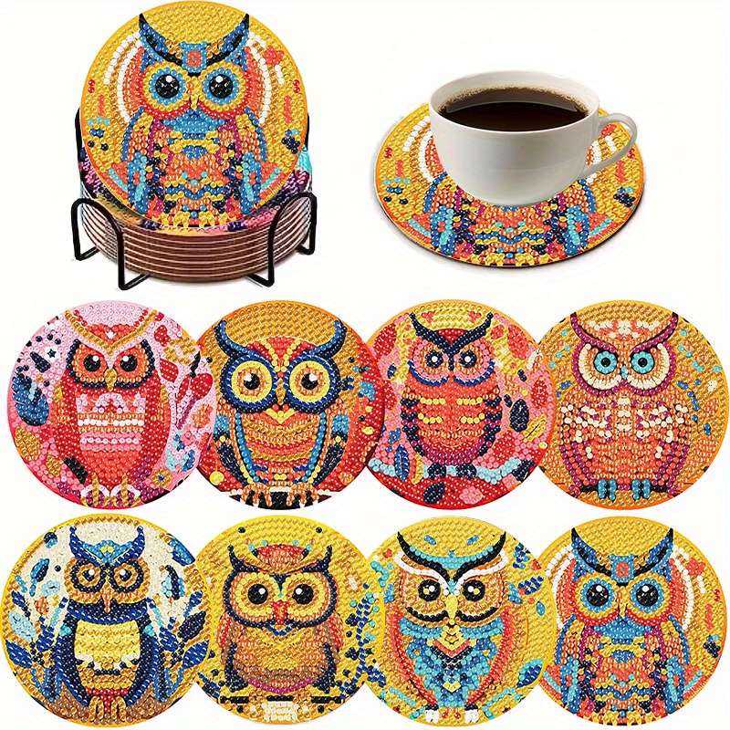 TEMU 8 Owl Diamond Painting Cup Coasters With Holders, Beginner Craft Supplies, Gifts, Art Craft Supplies Gifts For Beginners