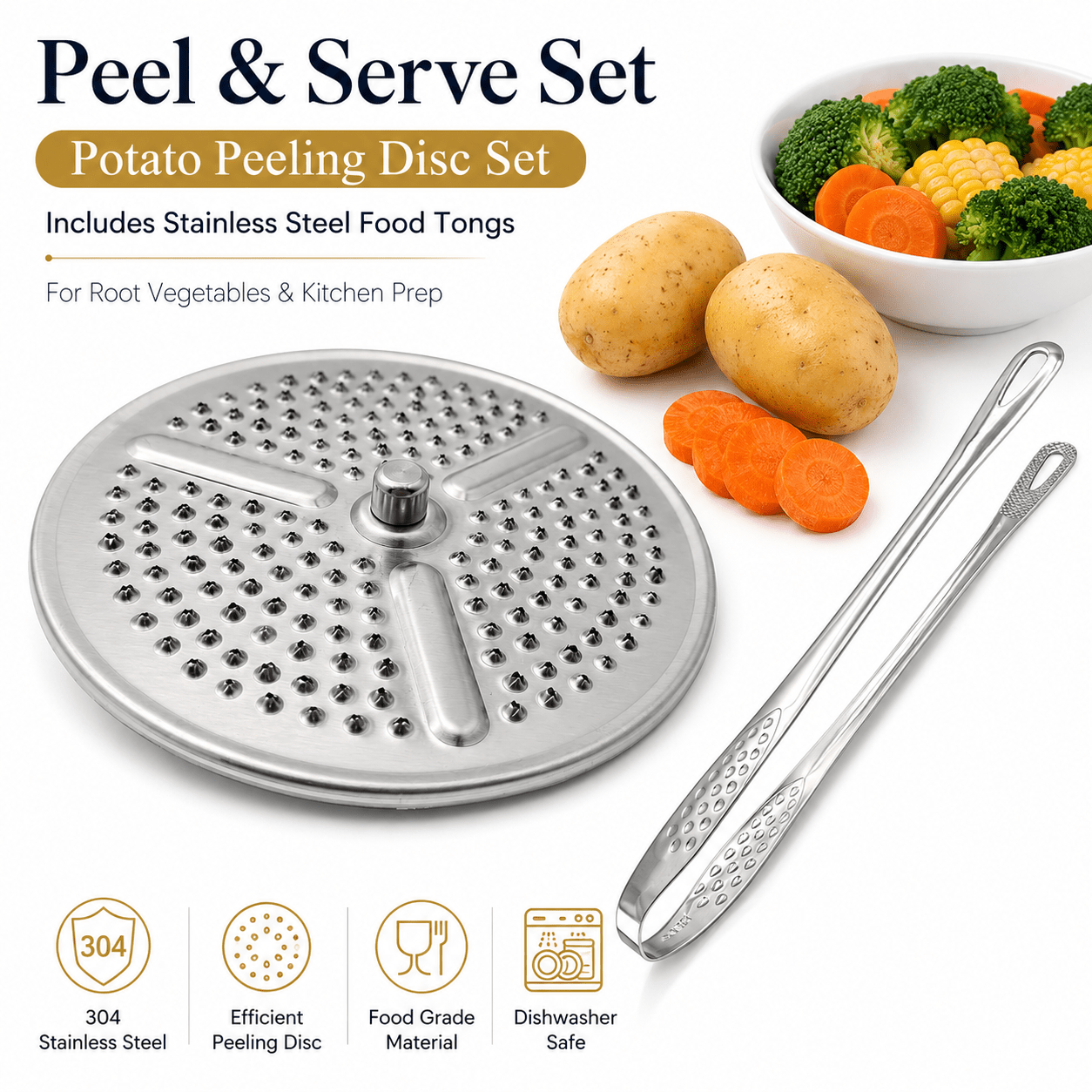 TEMU Disco pelapatate in acciaio inossidabile aggiornato per TM7, piatto per pelare patate e verdure con pinze per alimenti in acciaio inossidabile,