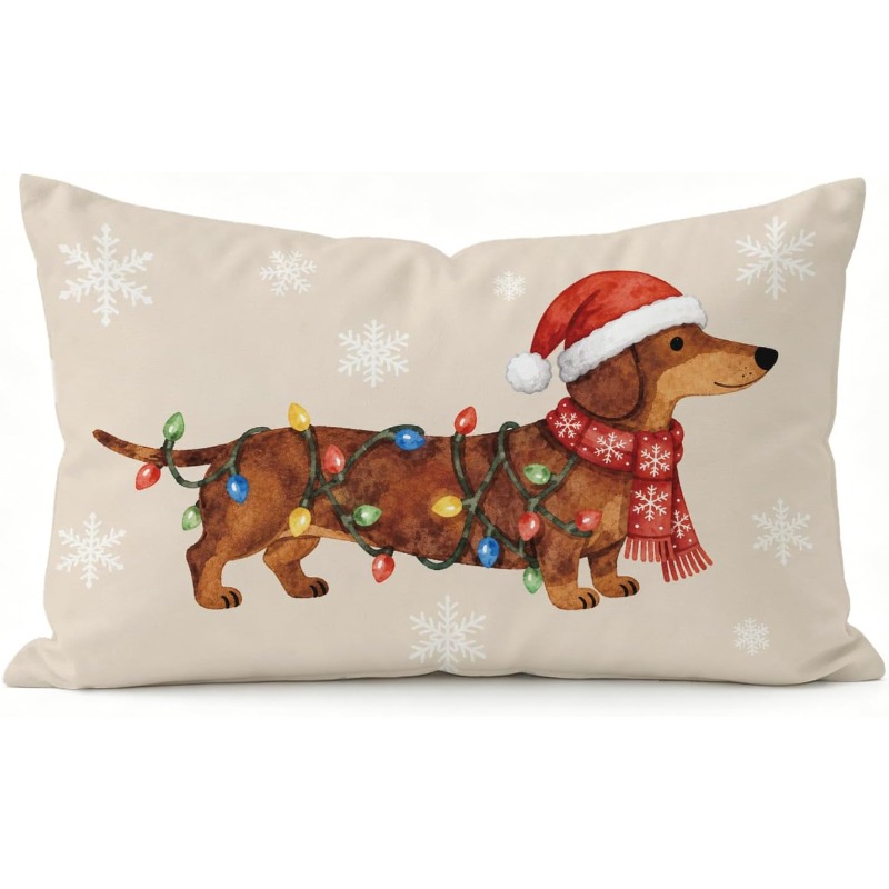 TEMU 1pc Cute Dachshund Christmas Throw Pillow Cover, Funny Dog Santa Hat Scarf Snowflake Lumbar Pillow Case For Couch Sofa Bedroom, Dachshund Lover